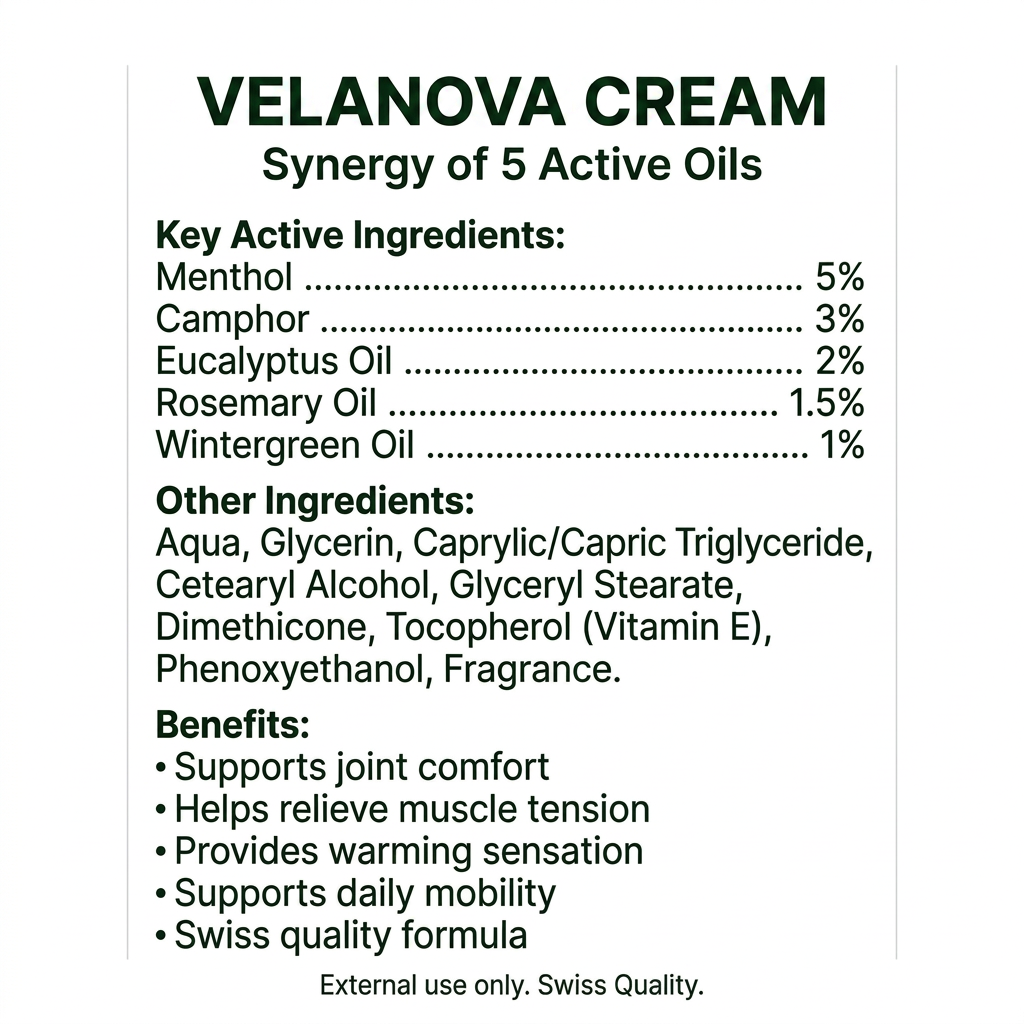 Velanova Cream koostumus: mentoli 5 %, kamferi 3 %, eukalyptus 2 %, rosmariini 1,5 %, talvivihreä 1 %